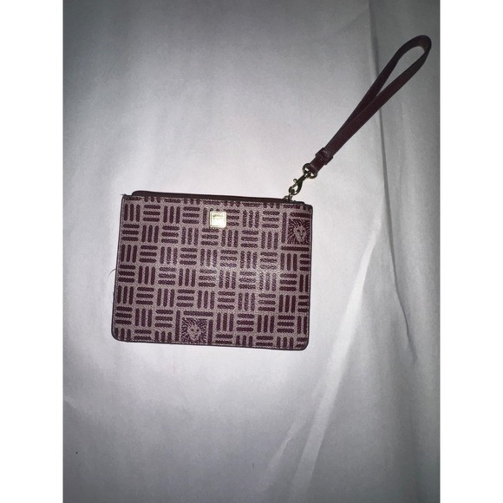 Anne Klein Burgundy Geometric Pattern Wristlet Lion Logo Gold Tone Hardware